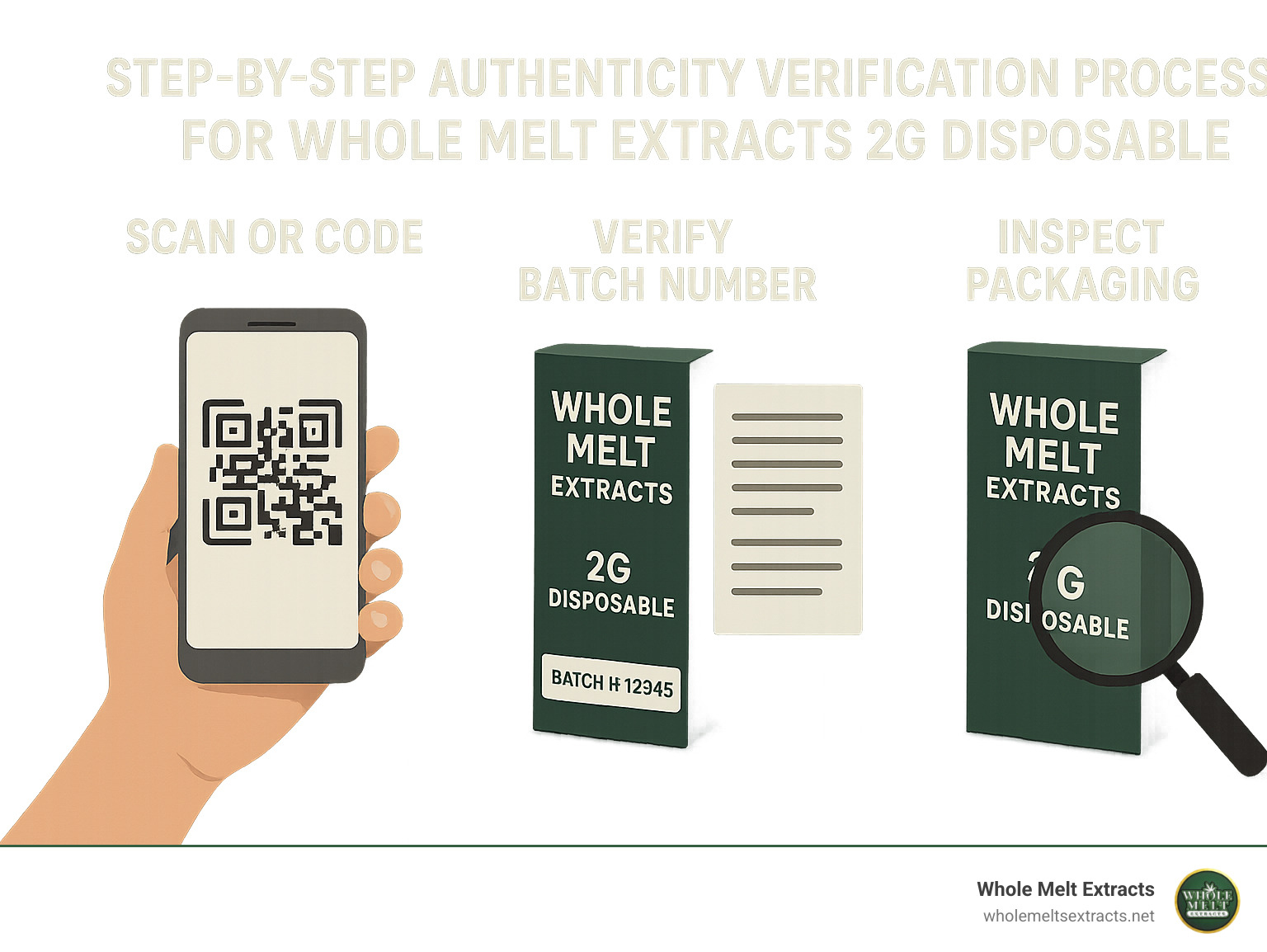 Step-by-step authenticity verification process for Whole Melt Extracts 2G Disposable showing QR code scanning, batch number verification, and visual inspection of packaging quality - whole melt extracts 2g disposable real or fake infographic 