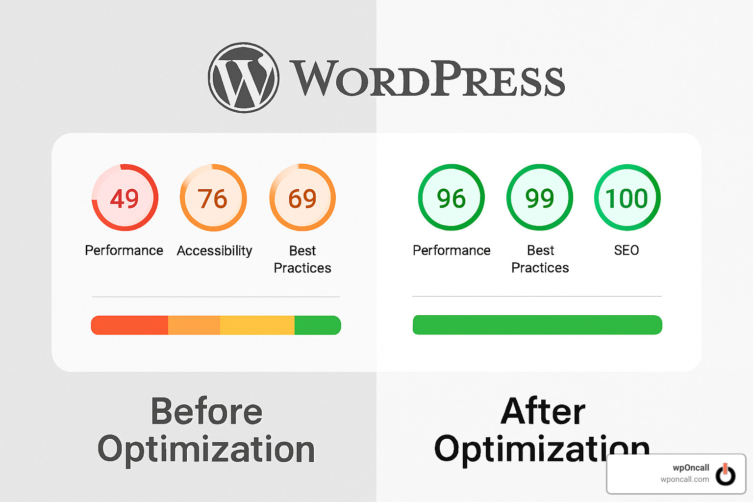 Before and after WordPress optimization Lighthouse scores - wordpress management services