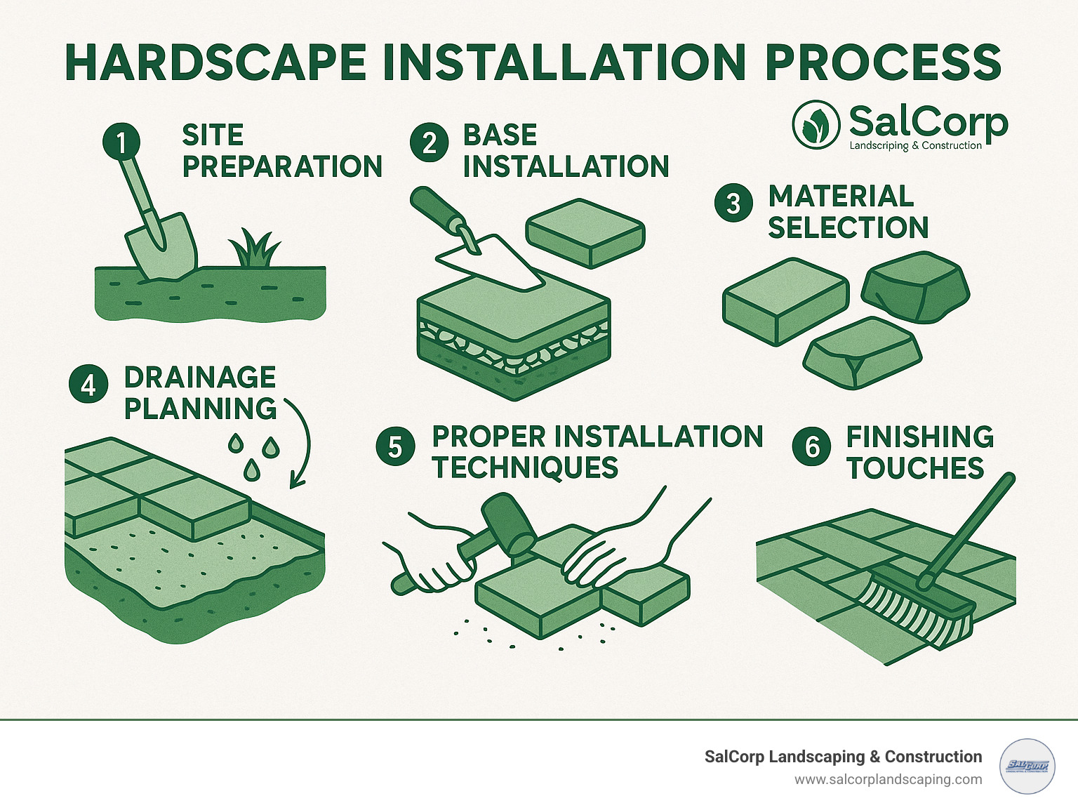 Hardscape installation process showing site preparation, base installation, material selection, drainage planning, proper installation techniques, and finishing touches - hardscape installation infographic