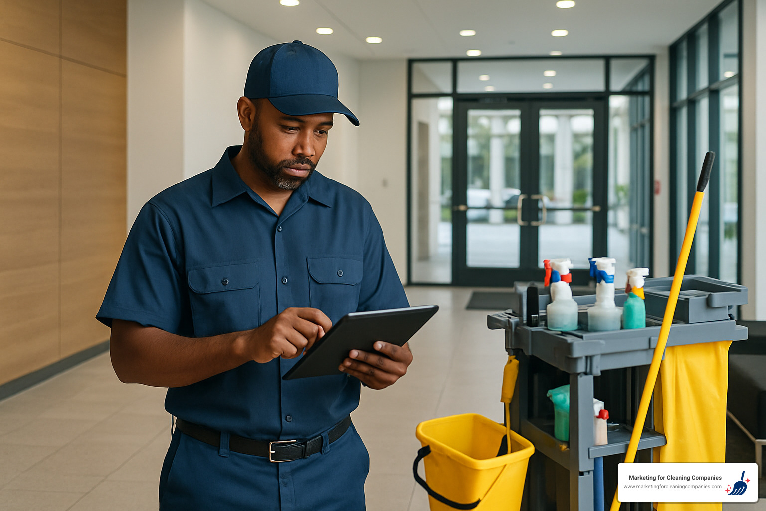 janitorial service technician using tablet to check business listings - SEO for janitorial services