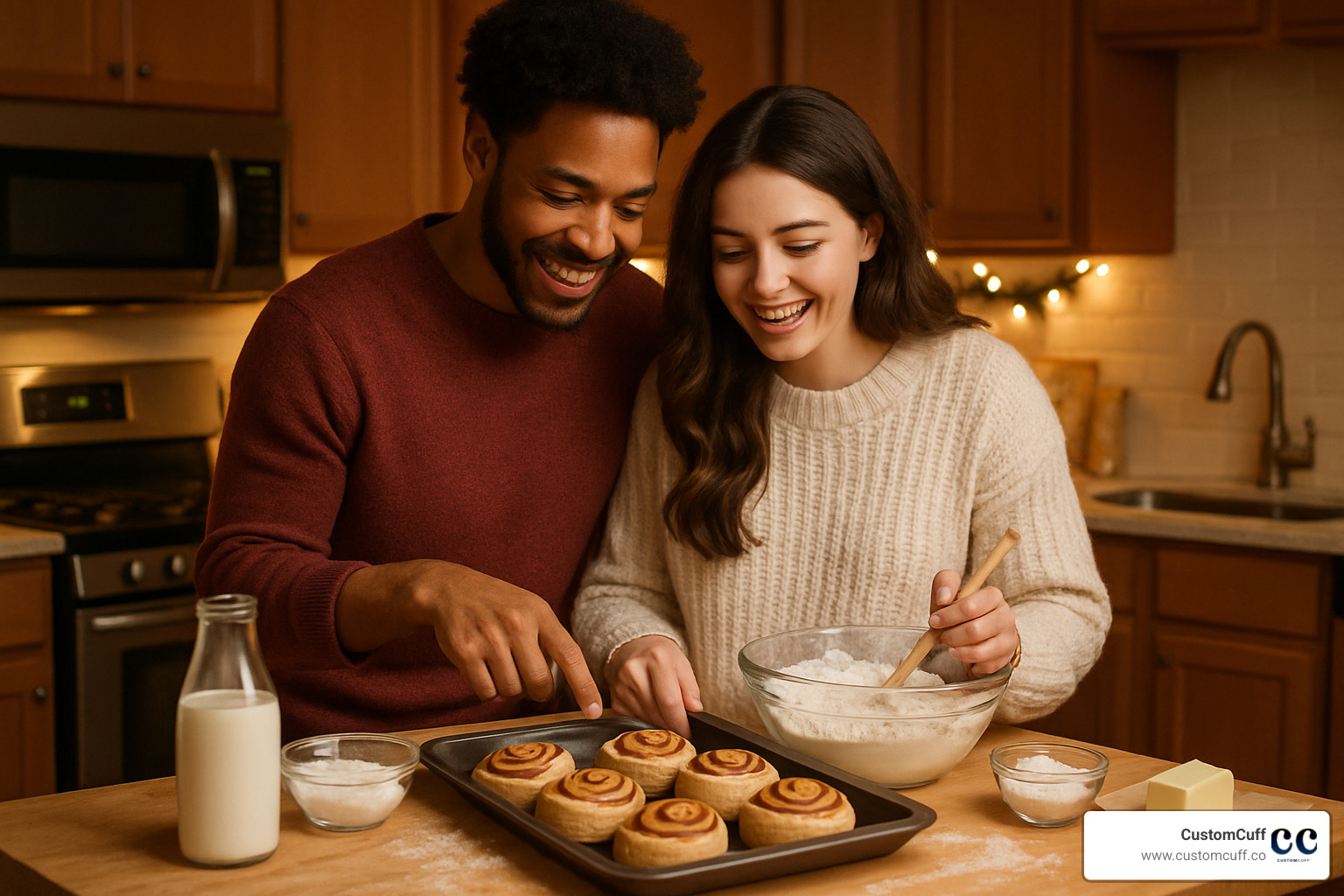 couple baking cinnamon rolls together in kitchen - xmas presents for newlyweds