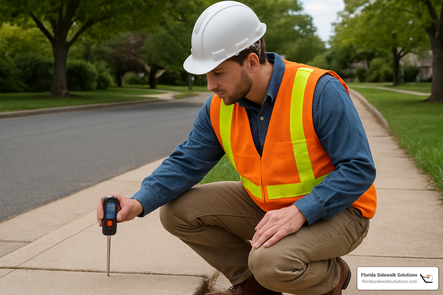 inspector measuring sidewalk offset with digital tool - Sidewalk Trip Hazard Compliance