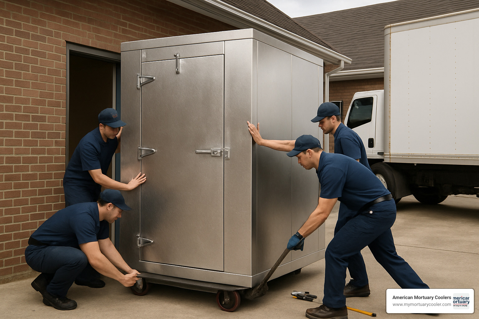 Delivery crew installing walk-in mortuary refrigerator - walk-in mortuary refrigerator