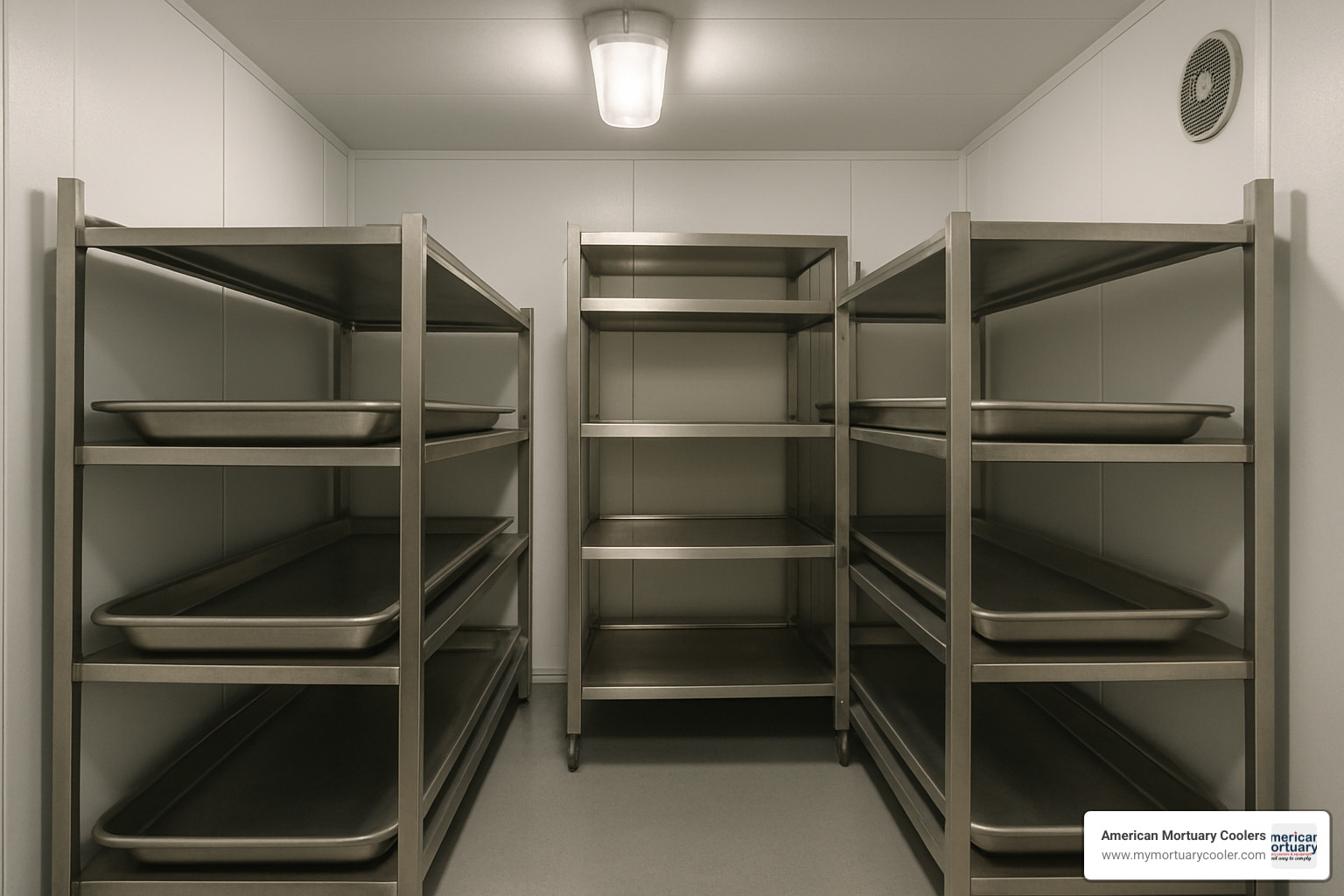 Interior of walk-in mortuary refrigerator with rack system - walk-in mortuary refrigerator