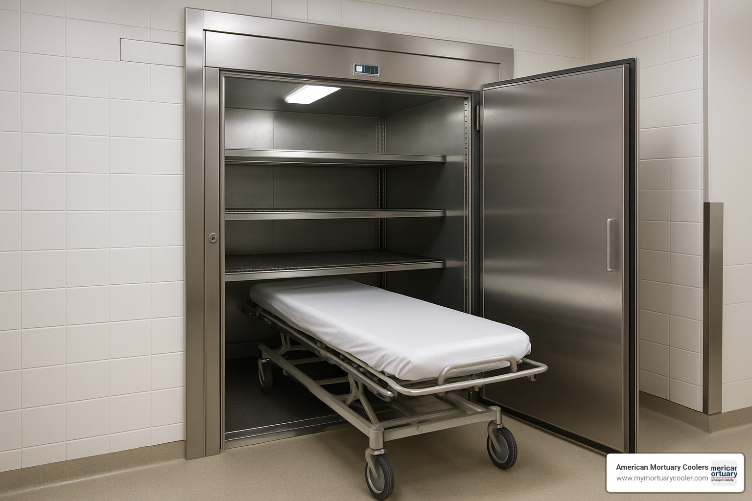 Bariatric capacity mortuary refrigerator with roll-in capability - walk-in mortuary refrigerator