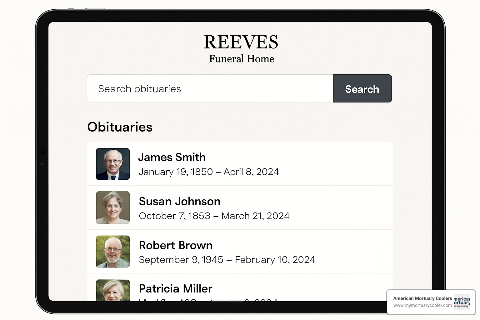 Obituary search screen showing Reeves Funeral Home's digital memorial platform - reeves funeral home