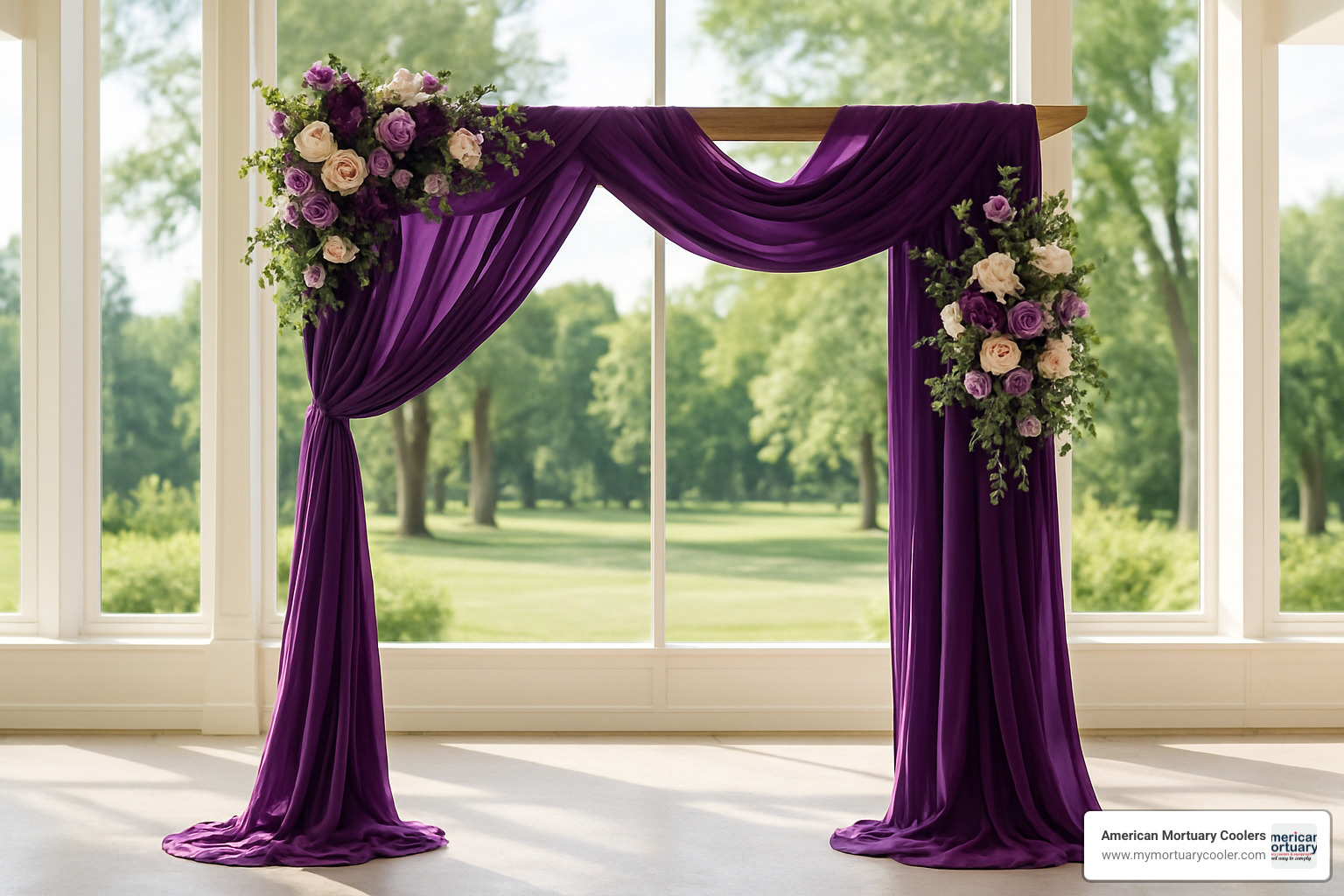 Purple drape wedding arch with floral accents - purple drape
