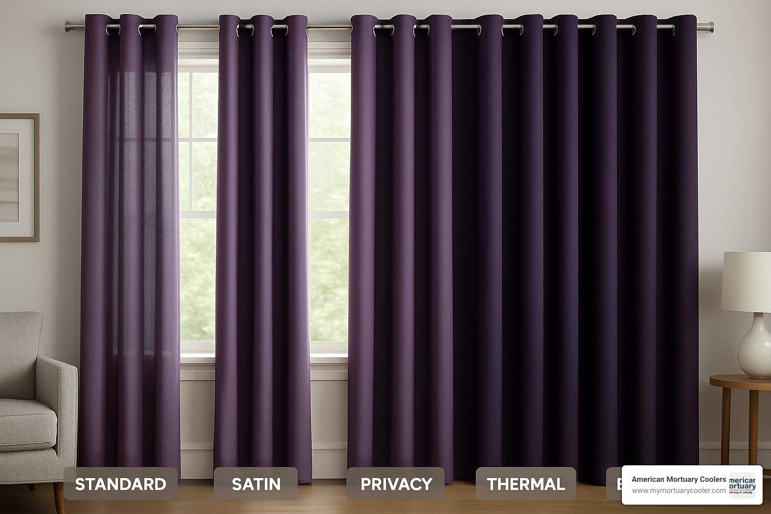 Different purple drape lining options showing light filtration capabilities - purple drape