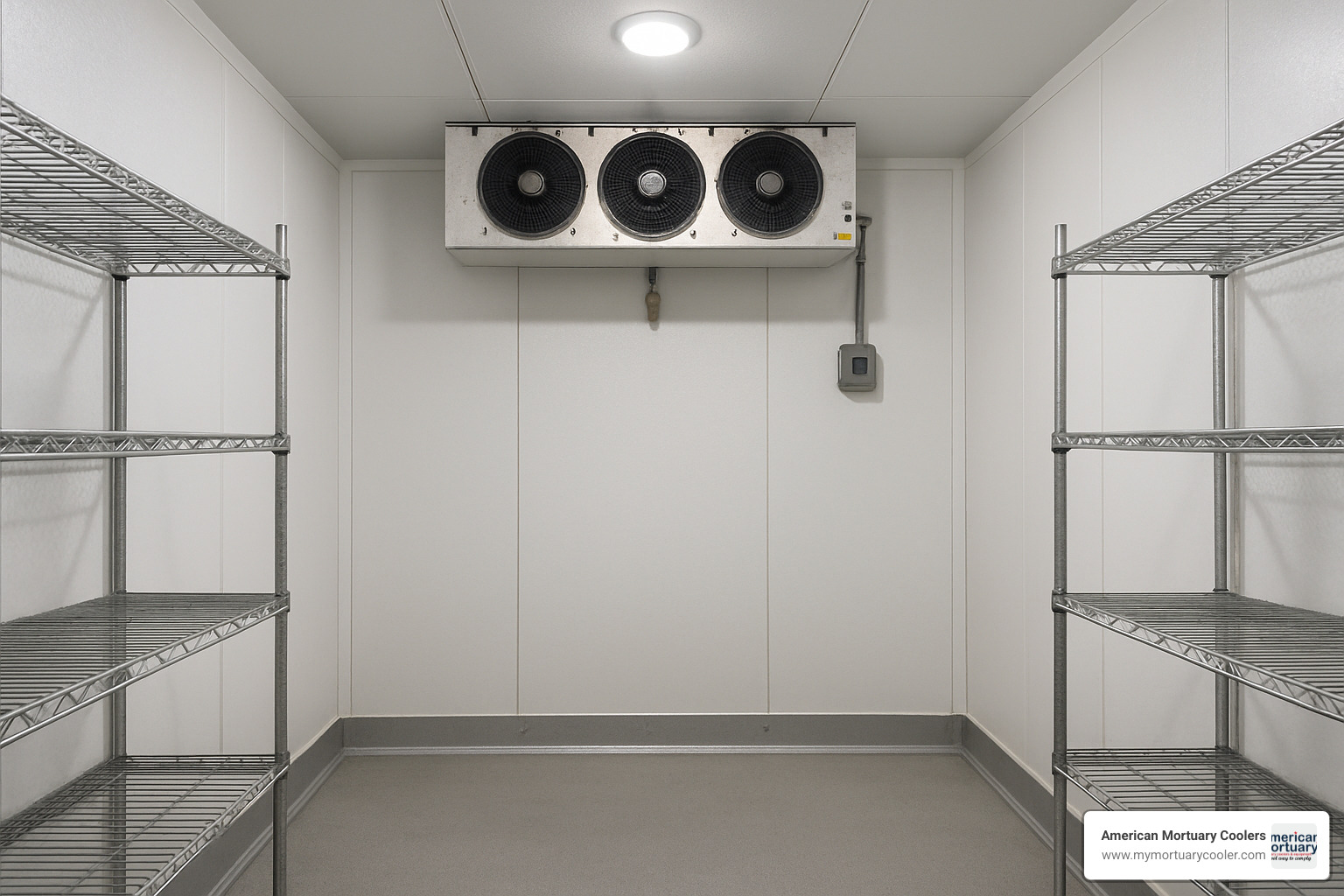 Walk in cold room interior showing insulation panels and refrigeration system - walk in cold room