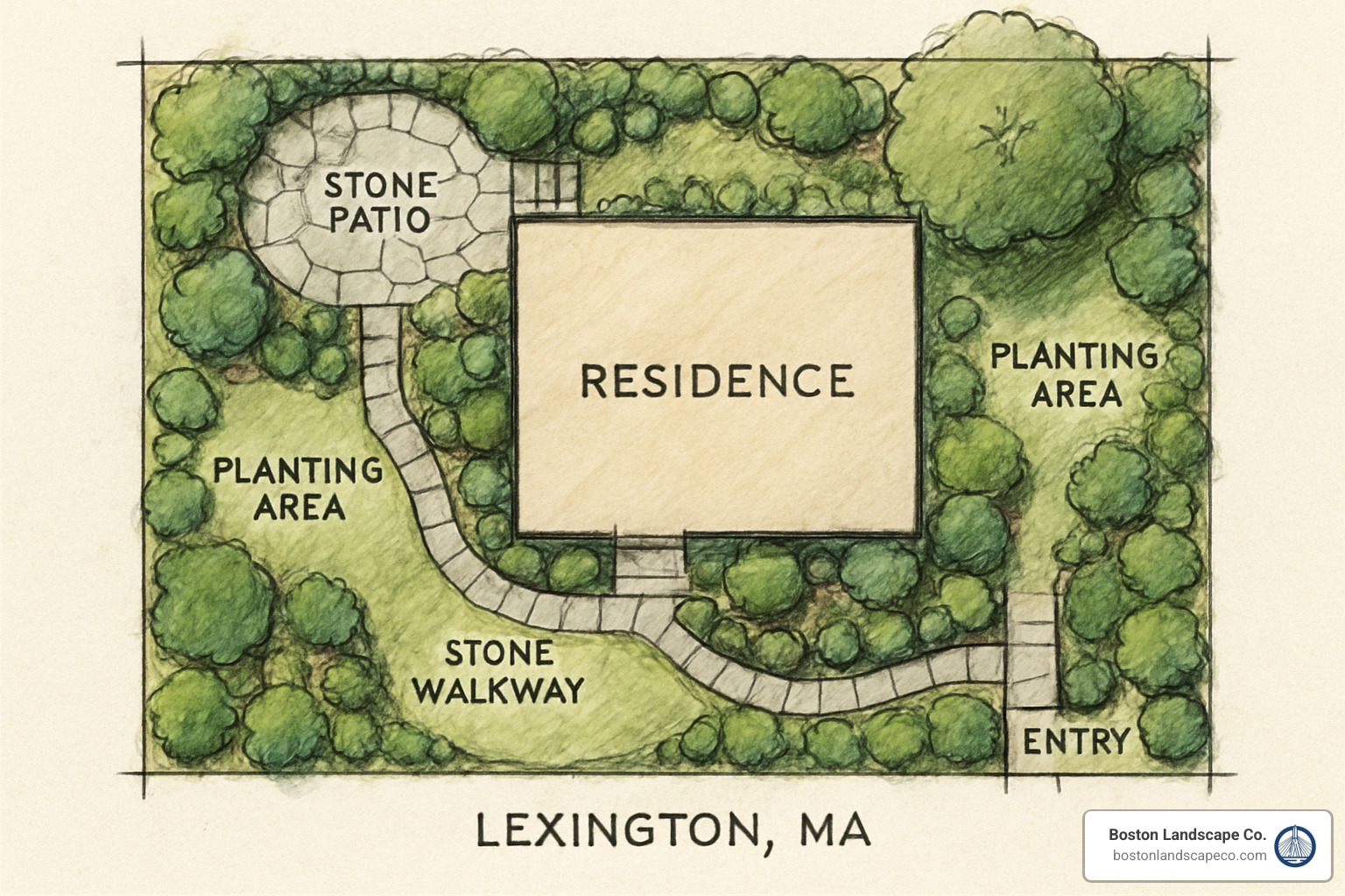 Landscape design plan sketch showing hardscape features and planting areas - landscape installation Lexington MA