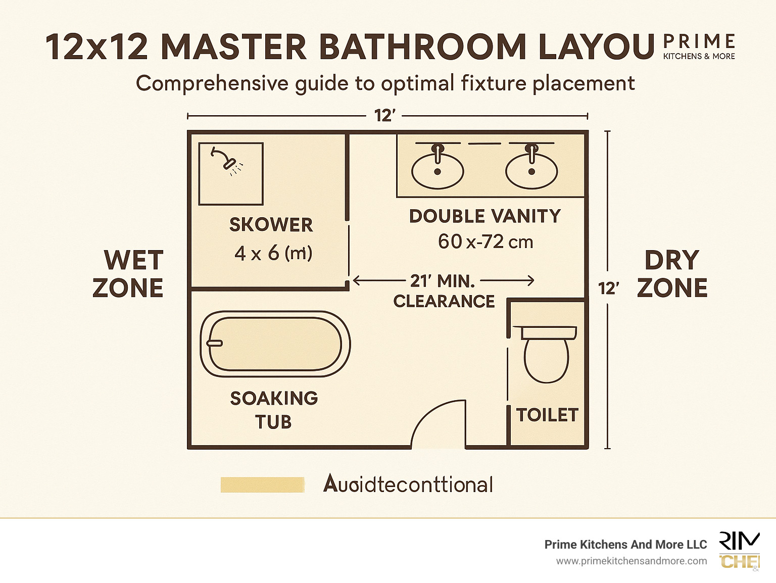 Comprehensive 12x12 master bathroom layout guide showing optimal fixture placement with wet and dry zones, double vanity options, shower and tub configurations, and required clearances with measurements for code compliance - 12x12 master bathroom layout infographic 
