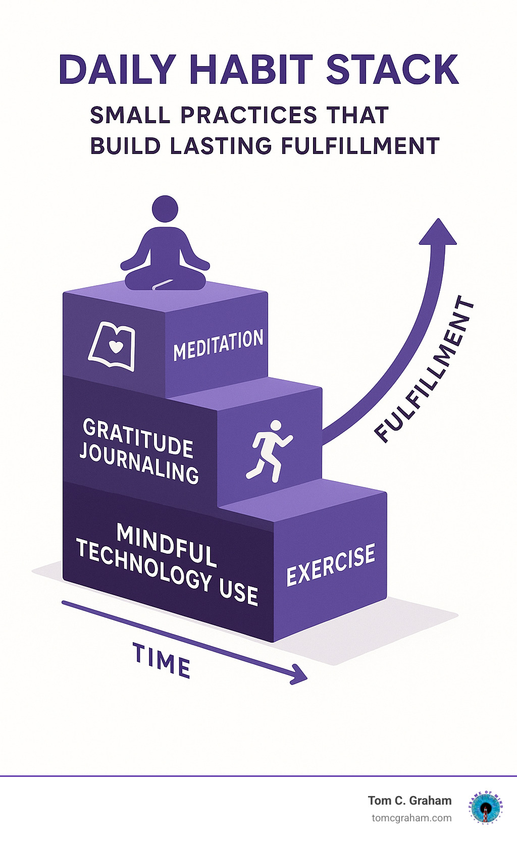 A visual representation of a daily habit stack showing how small practices like meditation, gratitude journaling, exercise, and mindful technology use build upon each other to create lasting fulfillment, with data showing the cumulative impact of these habits over time. - personal fulfillment strategies infographic 
