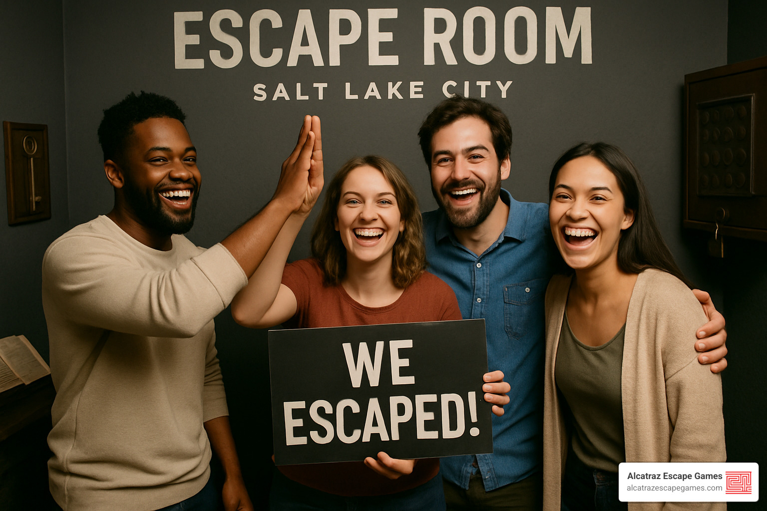 friends celebrating after completing an escape room challenge - escape room salt lake city ut