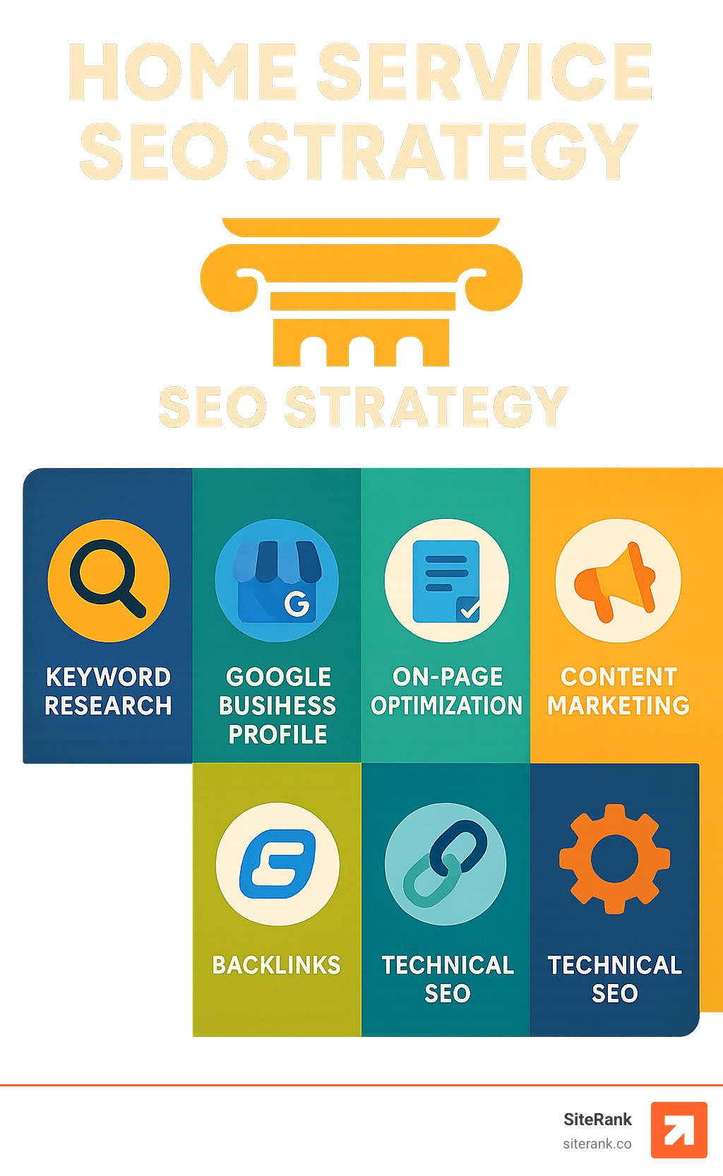 SEO strategy pillars showing keyword research, Google Business Profile, on-page optimization, content marketing, backlinks, and technical SEO - home service seo infographic