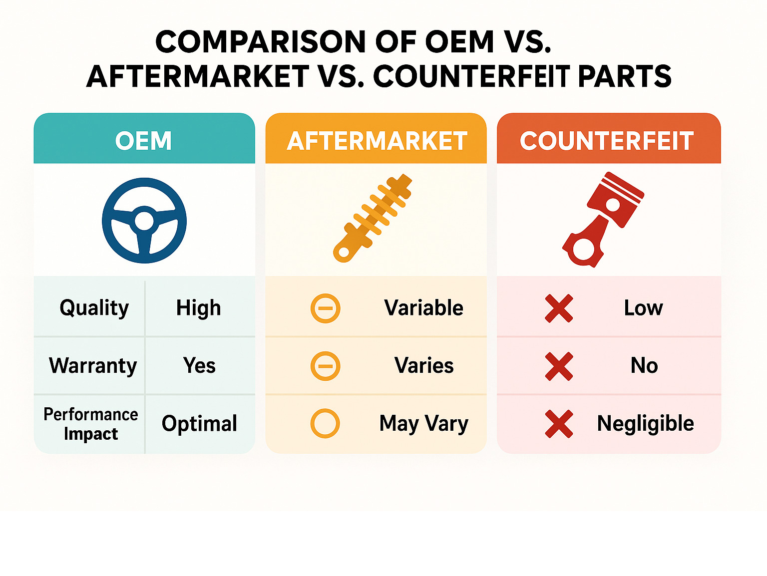 Comparison of OEM vs. aftermarket vs. counterfeit parts showing differences in quality, warranty coverage, and performance impact - sports car repair shop infographic 