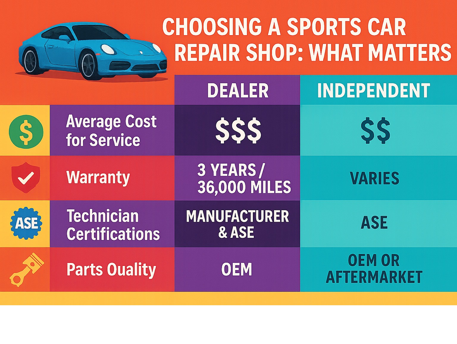 Comparison of dealer vs. independent sports car repair shops showing average costs for common services, warranty terms, technician certifications, and parts quality across different vehicle types from entry-level sports cars to exotics - sports car repair shop infographic 