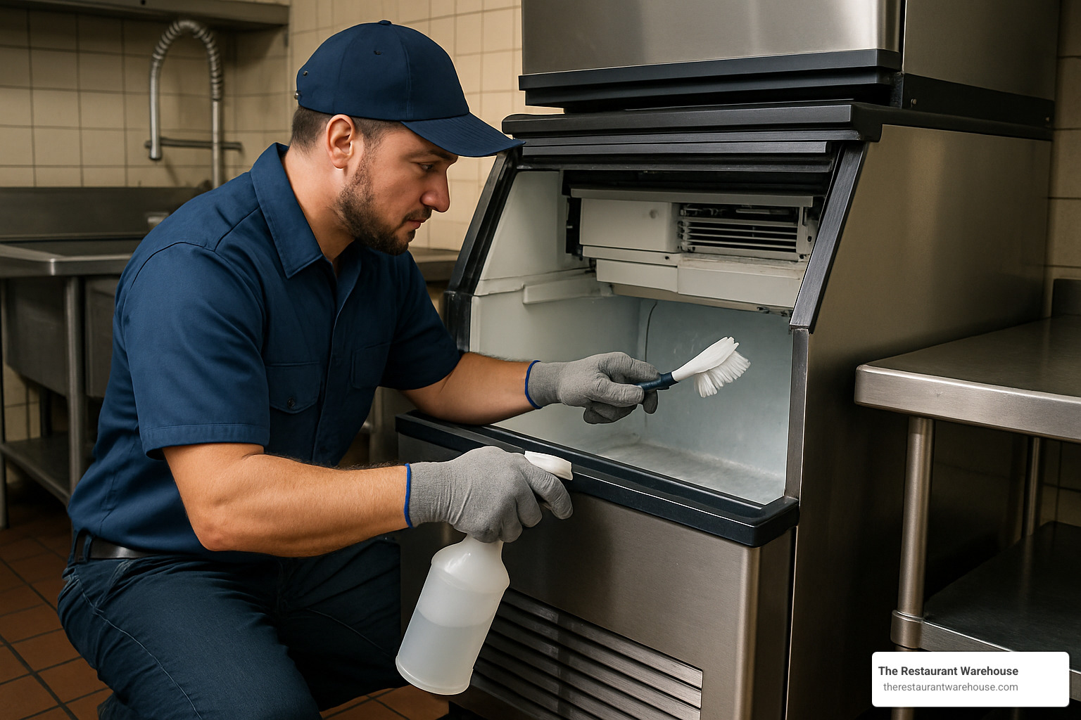technician cleaning ice machine - food service ice makers