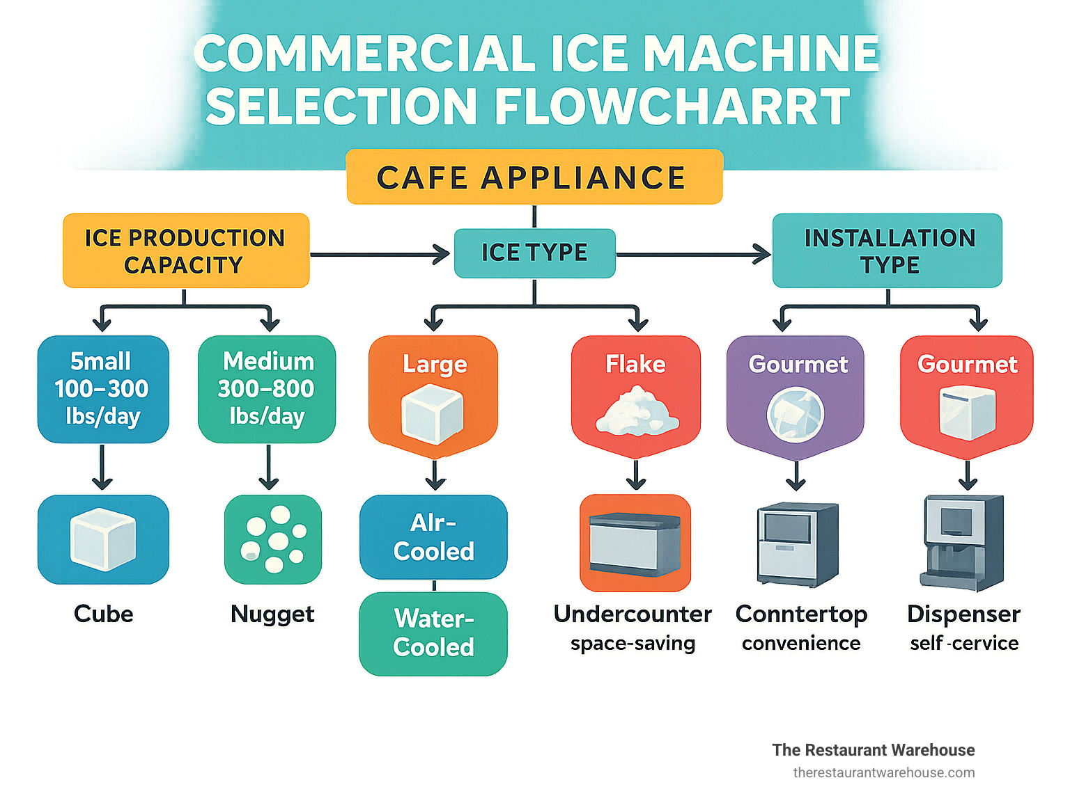 Commercial Ice Machine Selection Flowchart showing ice production capacity needs (small: 100-300 lbs/day, medium: 300-800 lbs/day, large: 800+ lbs/day), ice types (cube, nugget, flake, gourmet), cooling methods (air-cooled, water-cooled, remote), and installation types (modular, undercounter, countertop, dispenser) with recommended applications for each - food service ice makers infographic 