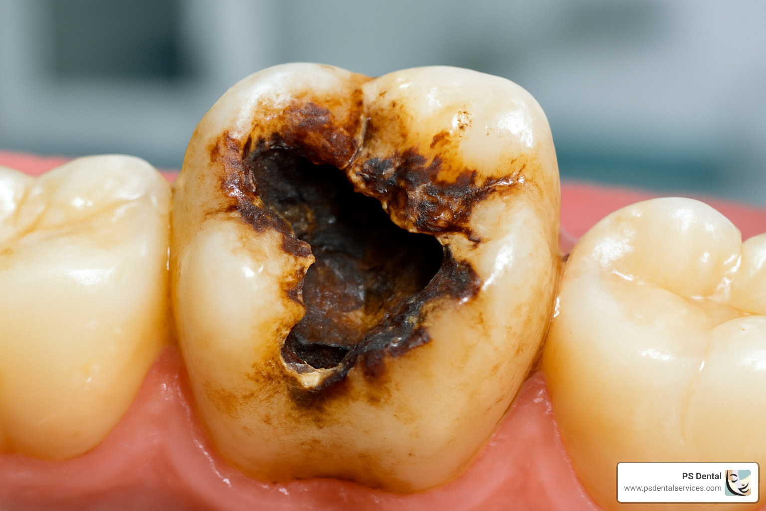 severely decayed tooth with visible cavity - home remedies for rotting tooth pain