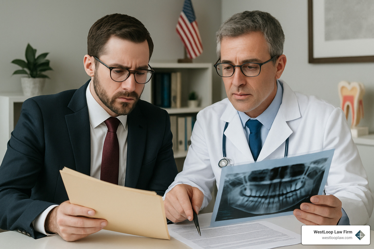 Dental malpractice attorney reviewing patient records with dental expert - Dental malpractice attorney Houston