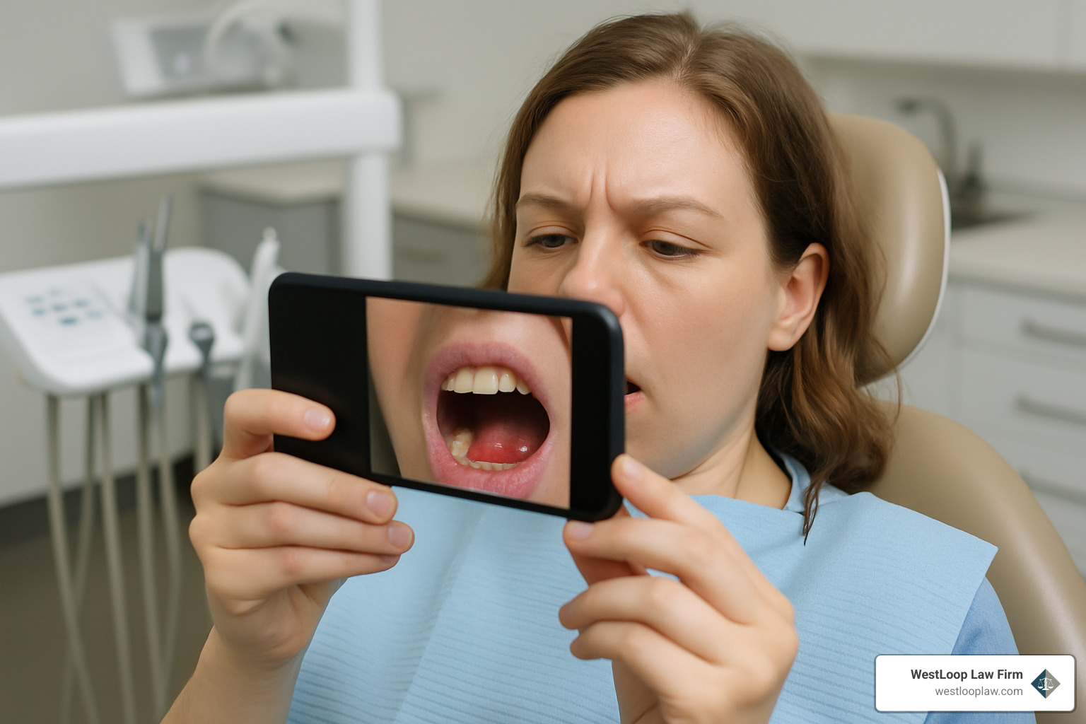 Patient documenting dental injury with smartphone camera - Dental malpractice attorney Houston