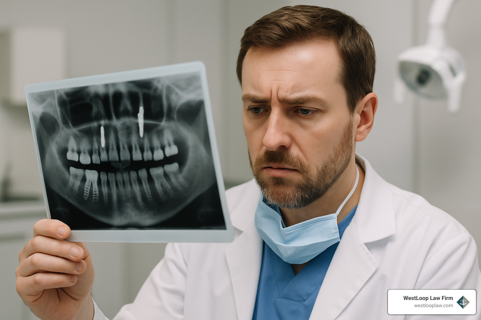 Dentist examining patient's x-rays showing improper dental work - Dental malpractice attorney Houston