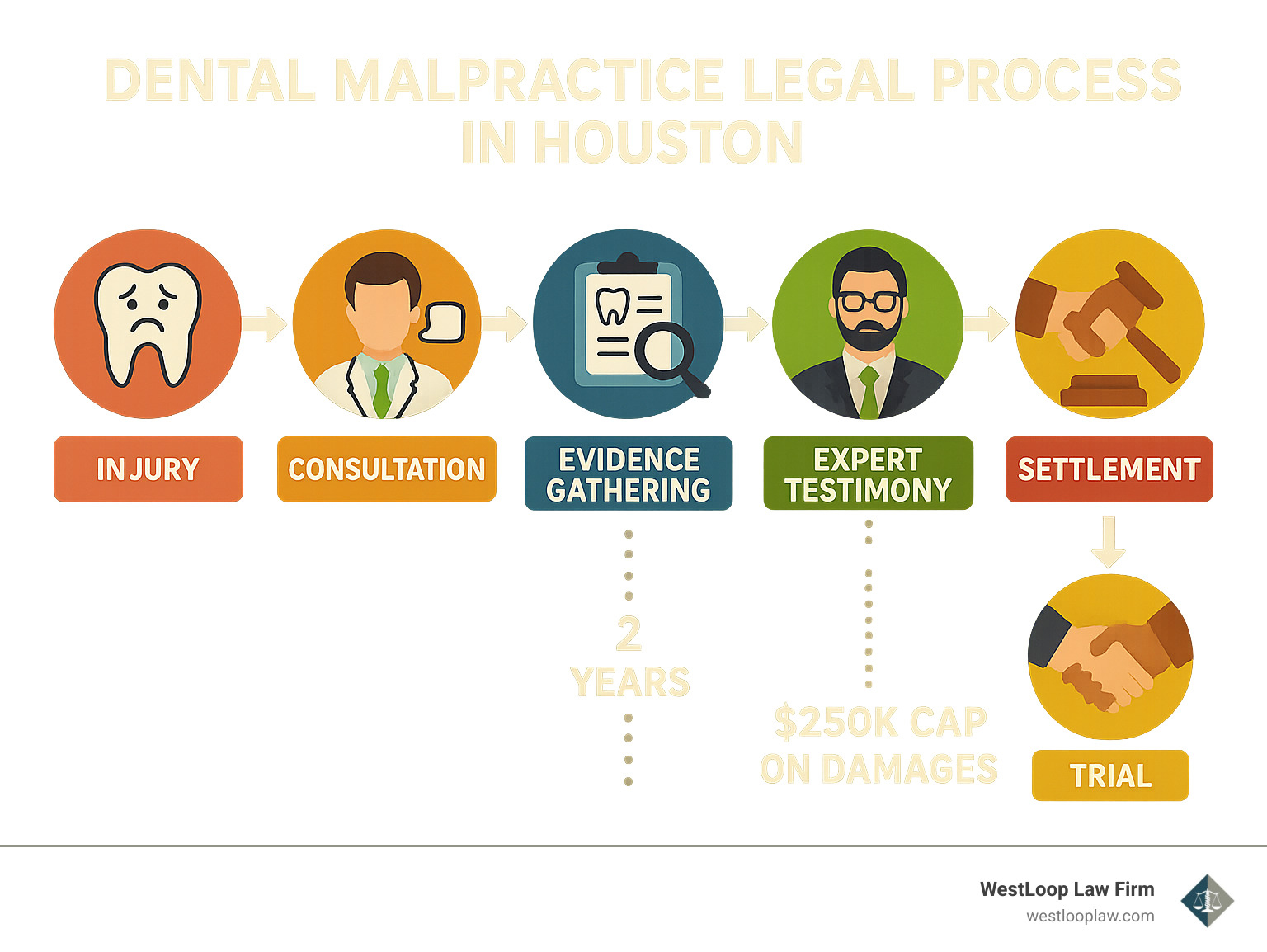 Dental malpractice legal process in Houston showing the steps from initial injury through consultation, evidence gathering, expert testimony, and potential settlement or trial, with timeline indicators and damage cap limitations - Dental malpractice attorney Houston infographic 