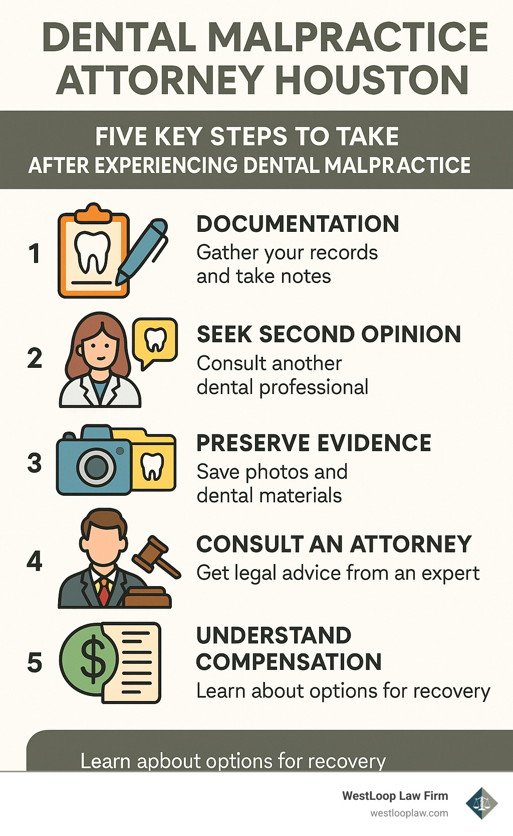 Five key steps to take after experiencing dental malpractice in Houston, including documentation, seeking second opinions, preserving evidence, consulting an attorney, and understanding compensation options - Dental malpractice attorney Houston infographic 