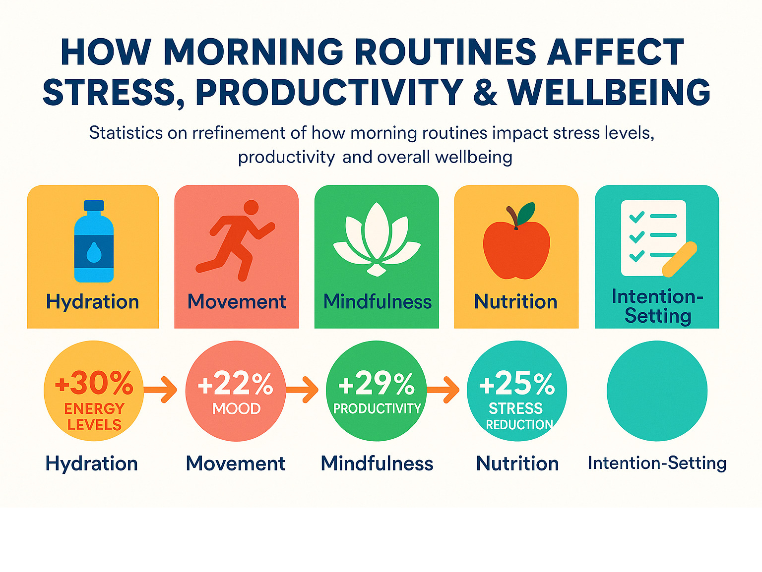 Statistics on how morning routines affect stress levels, productivity and overall wellbeing - morning wellness routine infographic 