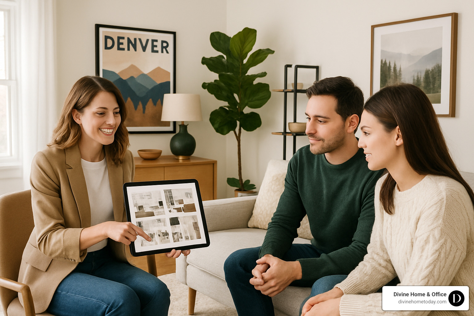 Interior designer presenting concept boards to clients in Denver home - Affordable interior design Denver