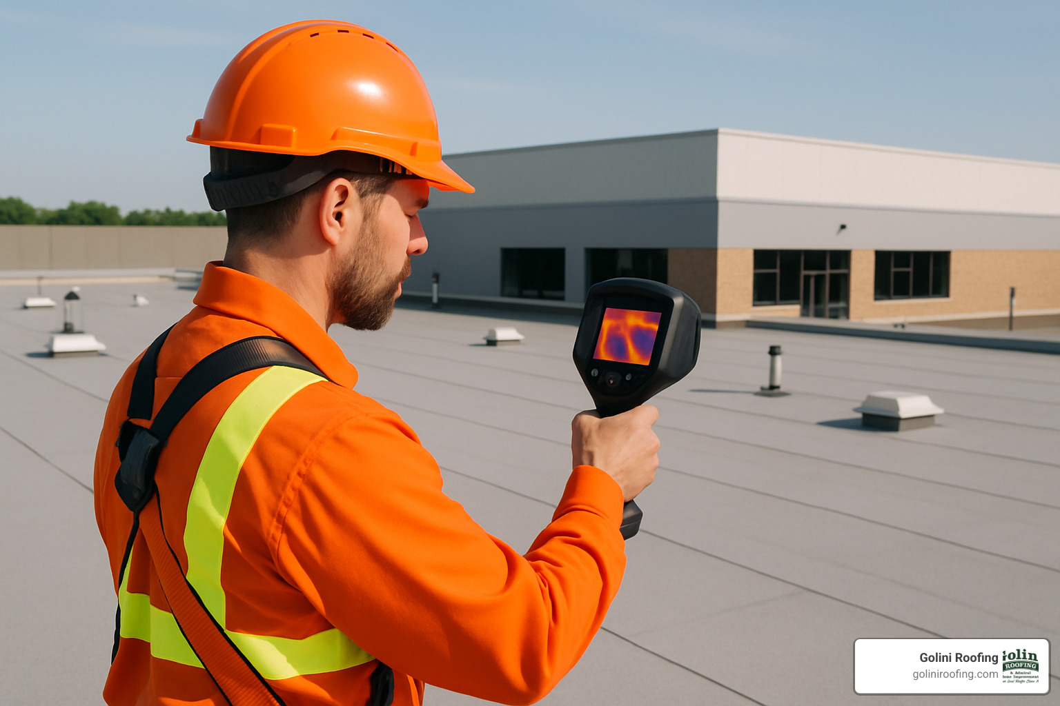Technician performing infrared scan on commercial roof - commercial roofing company reading ma