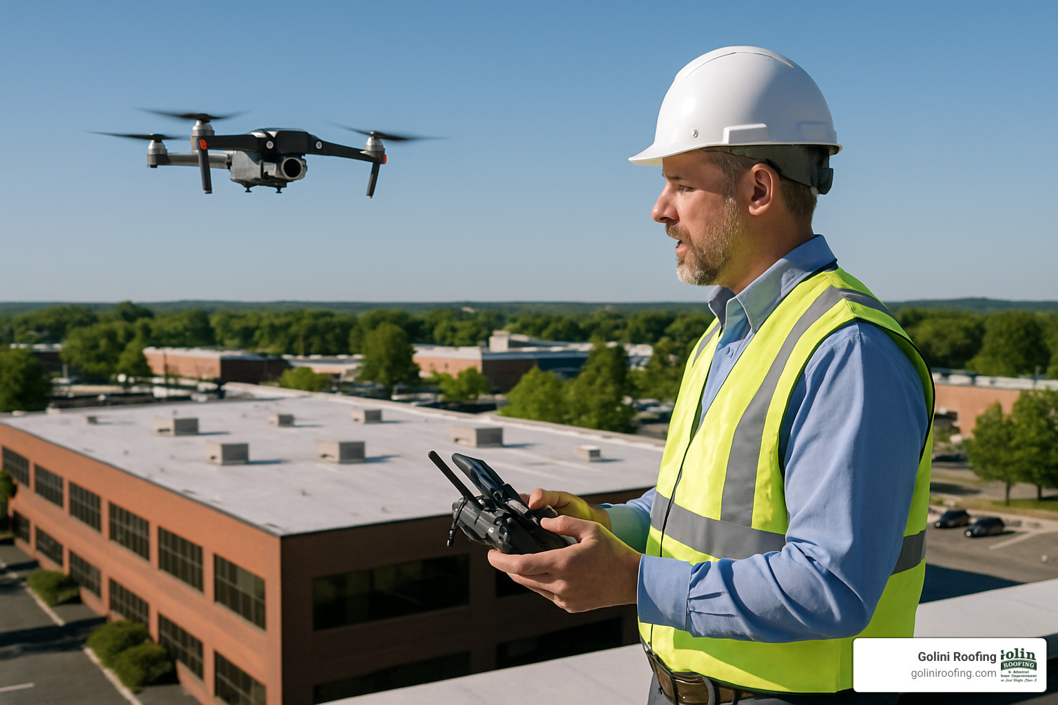 Roofing estimator using drone technology for accurate measurements - commercial roofing company reading ma