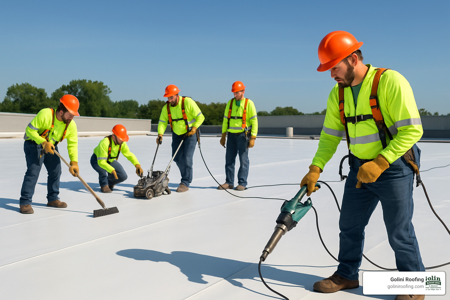 Commercial roofing crew installing TPO membrane - commercial roofing company reading ma