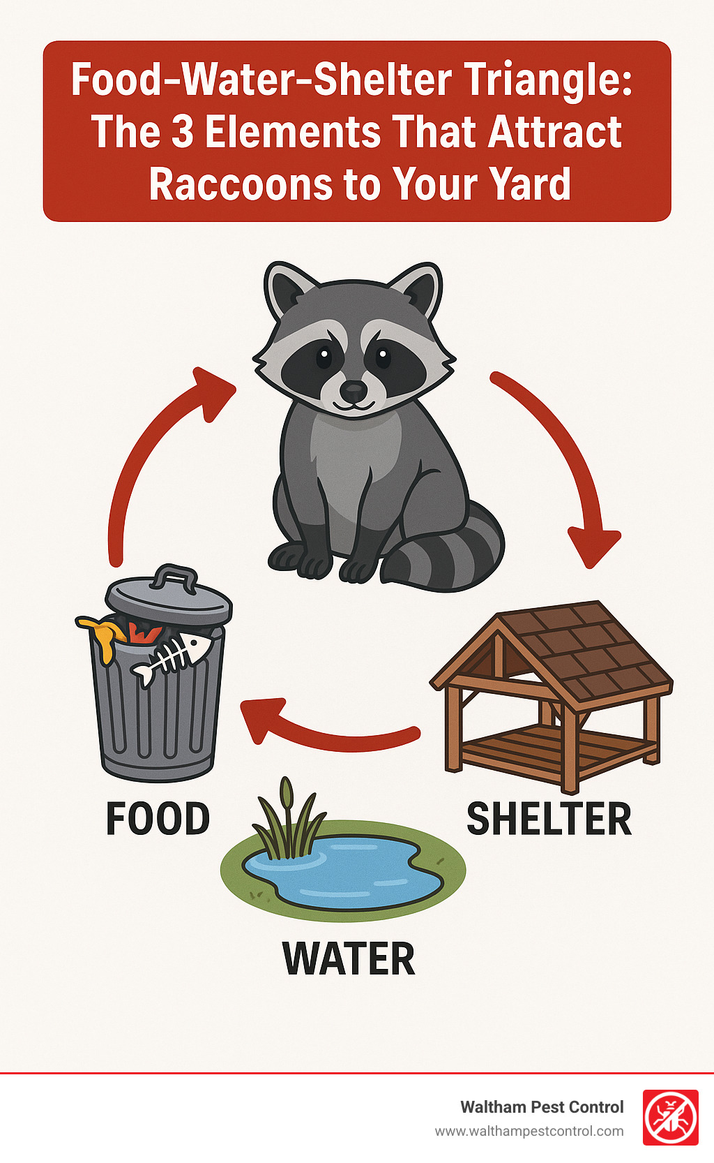 Food-Water-Shelter Triangle: The 3 Elements That Attract Raccoons to Your Yard showing the cycle of raccoon attraction with illustrations of trash cans (food), water sources like ponds (water), and deck/attic spaces (shelter) connected in a circular relationship - get rid of raccoons in yard infographic 