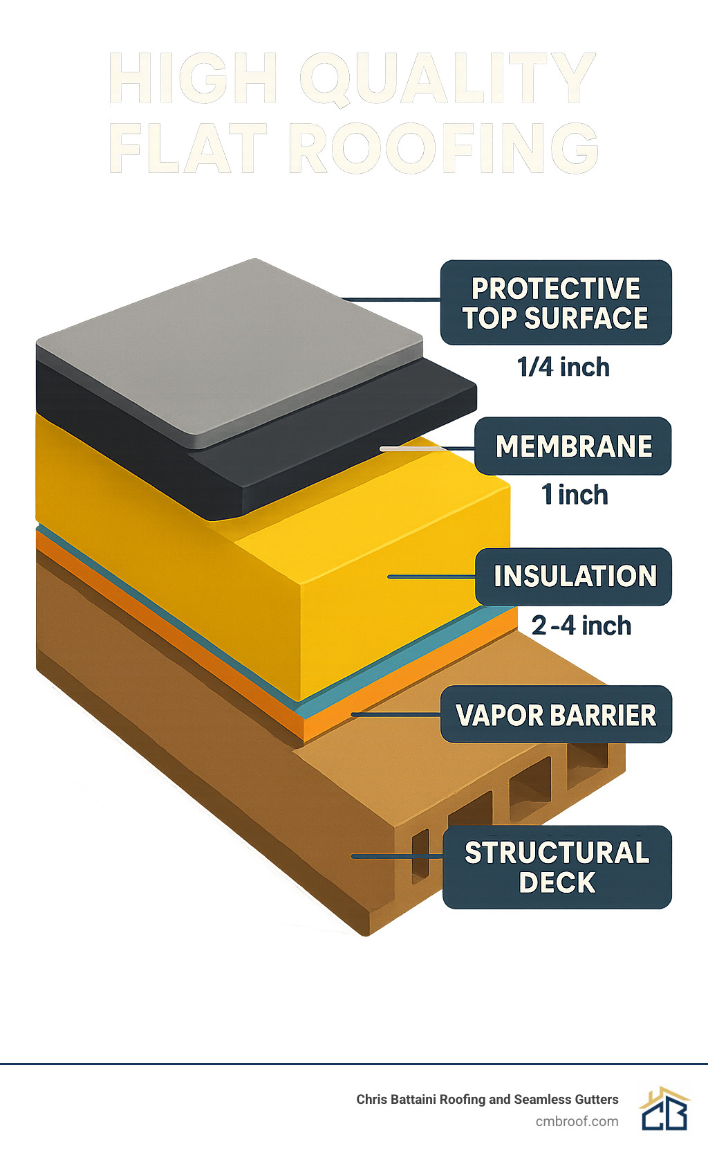 Flat roof cross-section showing layers including structural deck, vapor barrier, insulation, membrane, and protective top surface, with labels for each component and approximate thicknesses - high quality flat roofing infographic 