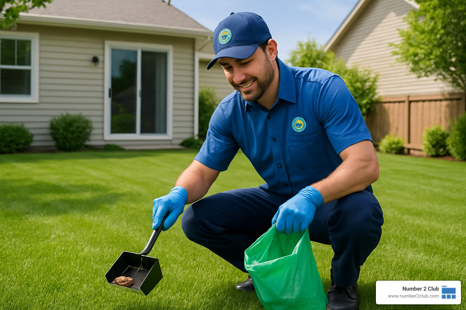 Professional technician scooping dog waste from yard - dog poop removal company