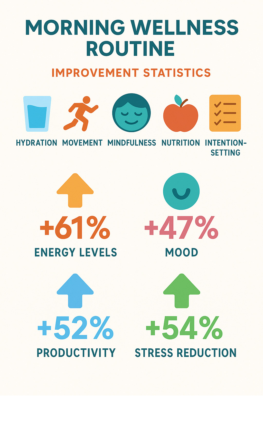 Morning wellness routine statistics showing benefits of hydration, movement, mindfulness, nutrition and intention-setting with corresponding improvement percentages for energy levels, mood, productivity and stress reduction - morning wellness routine infographic 