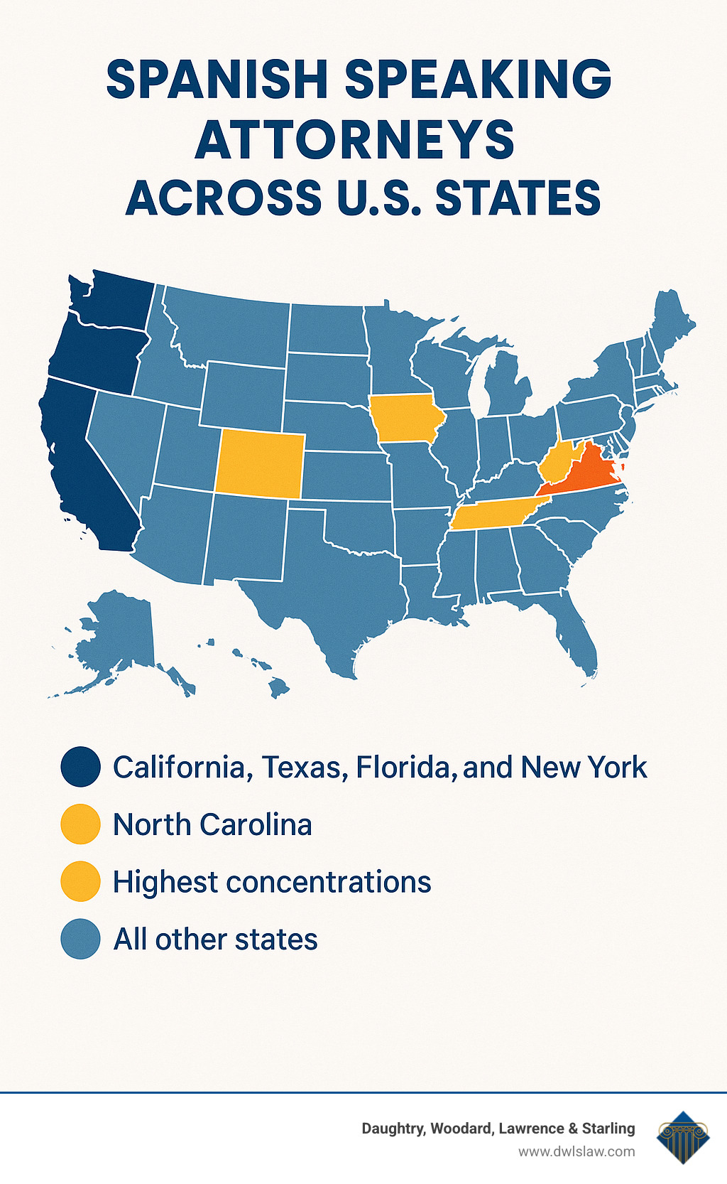 Statistics showing distribution of Spanish speaking attorneys across US states - Spanish speaking divorce attorney infographic 