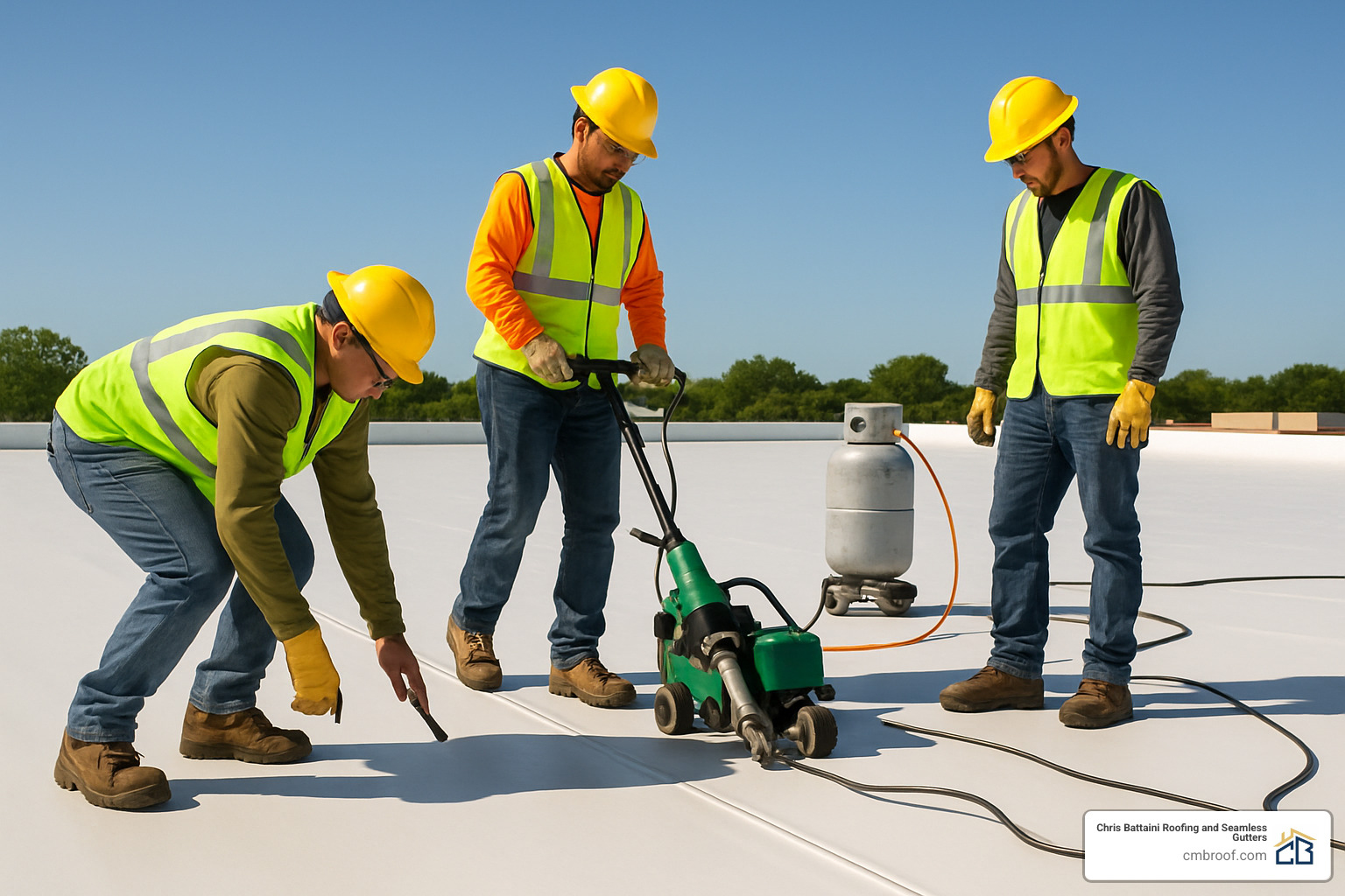 Roofing crew installing and welding TPO membrane seams - high quality flat roofing