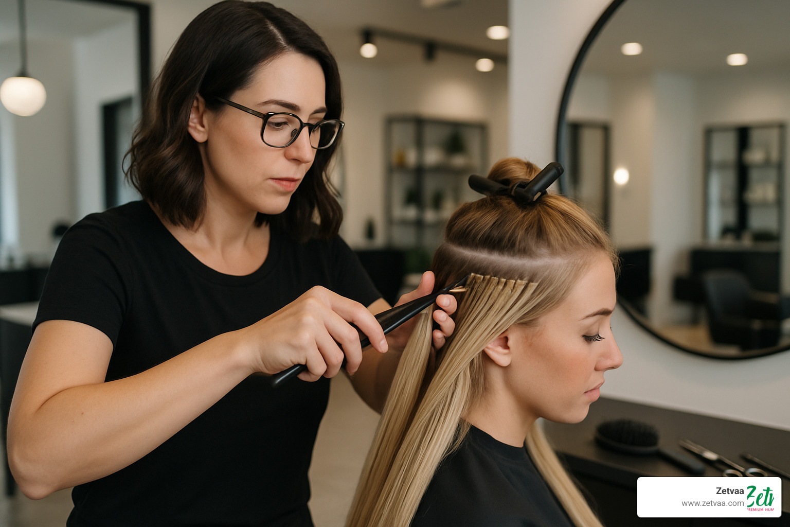 stylist installing professional hair extensions - Quality Hair Extensions