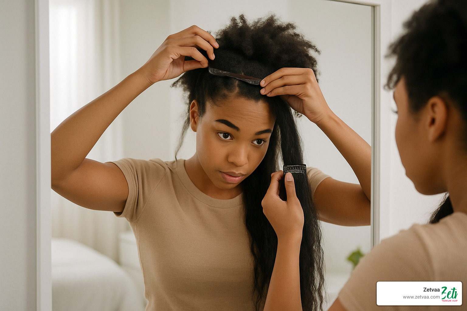 woman applying clip-in hair extensions - Quality Hair Extensions