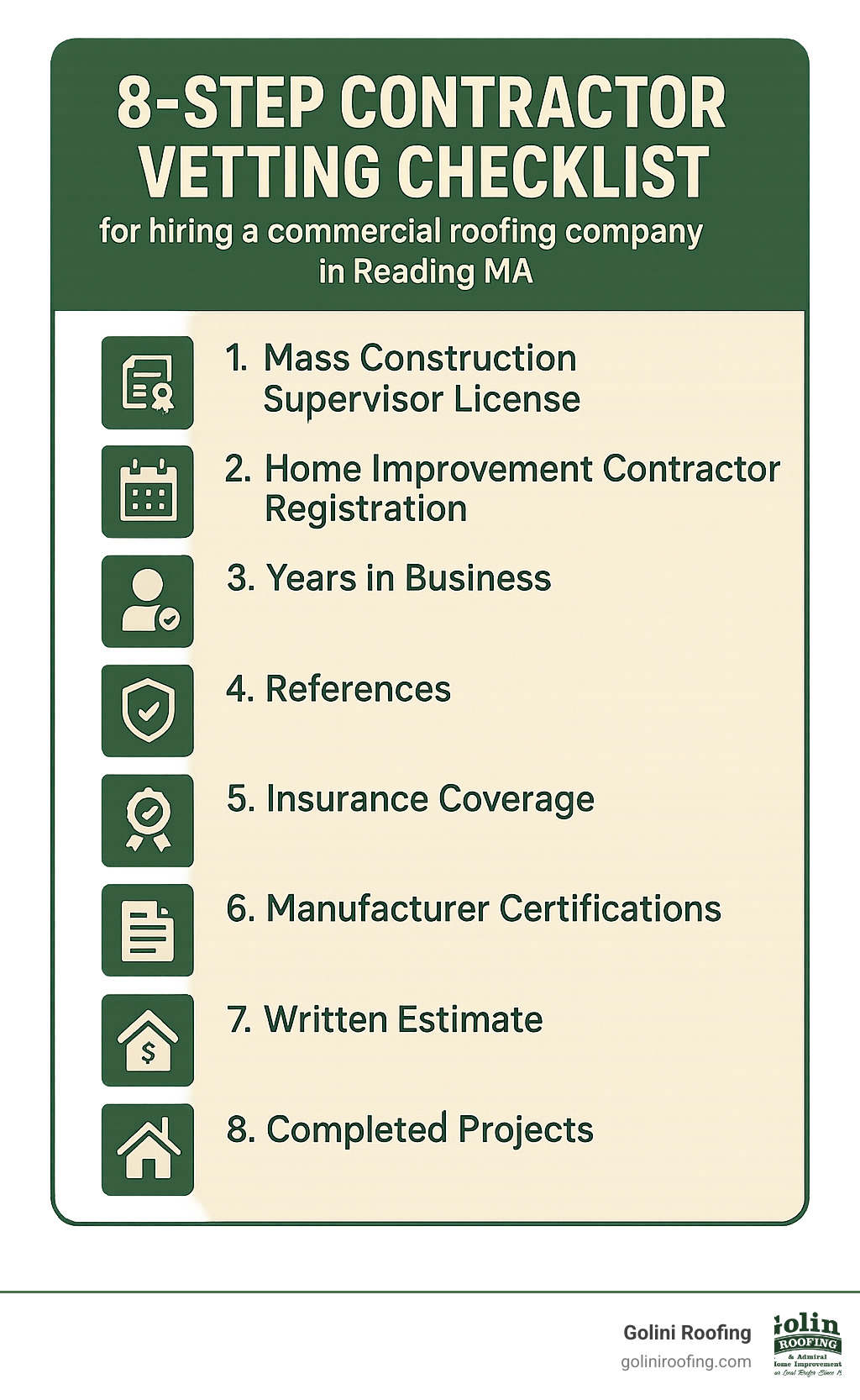 8-Step Contractor Vetting Checklist for hiring a commercial roofing company in Reading MA - commercial roofing company reading ma infographic