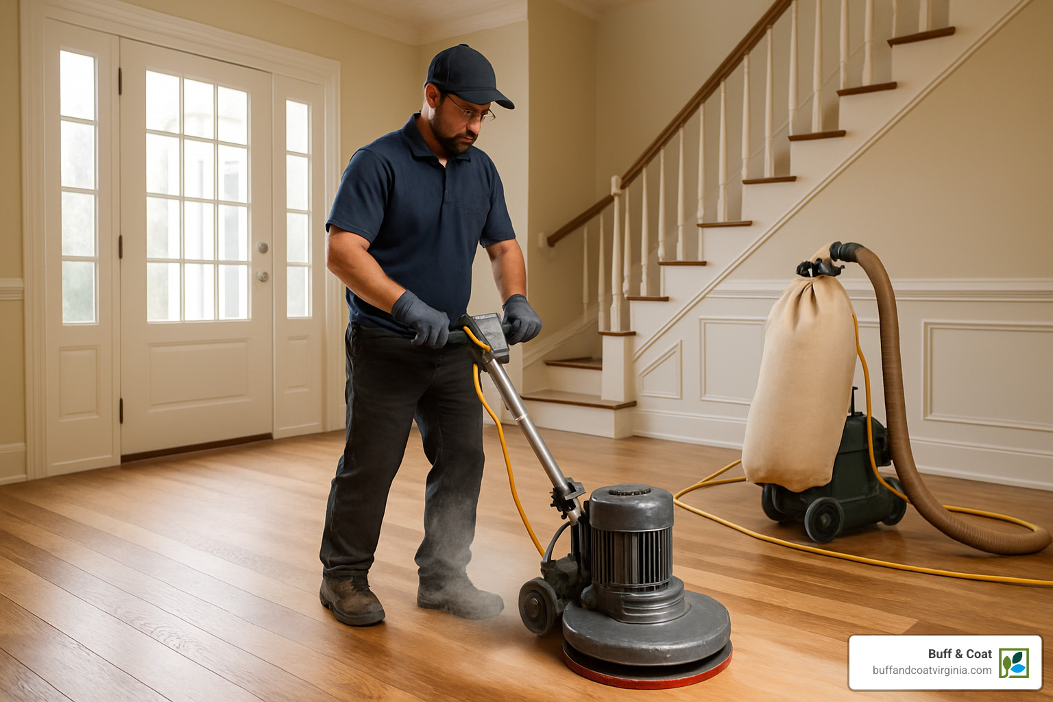 buff and coat refinishing process on luxury hardwood floor - high end wood floors