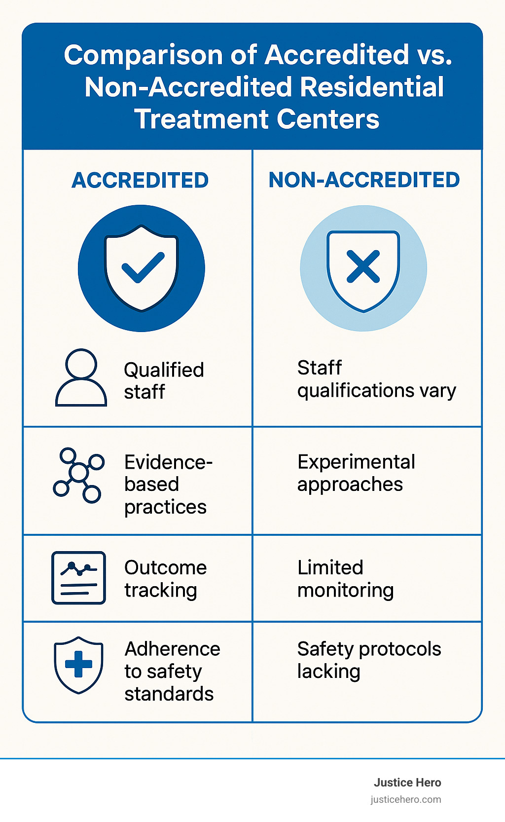 Comparison of accredited vs non-accredited residential treatment centers showing differences in staff qualifications, evidence-based practices, outcome tracking, and safety standards - residential programs for troubled youth near me infographic