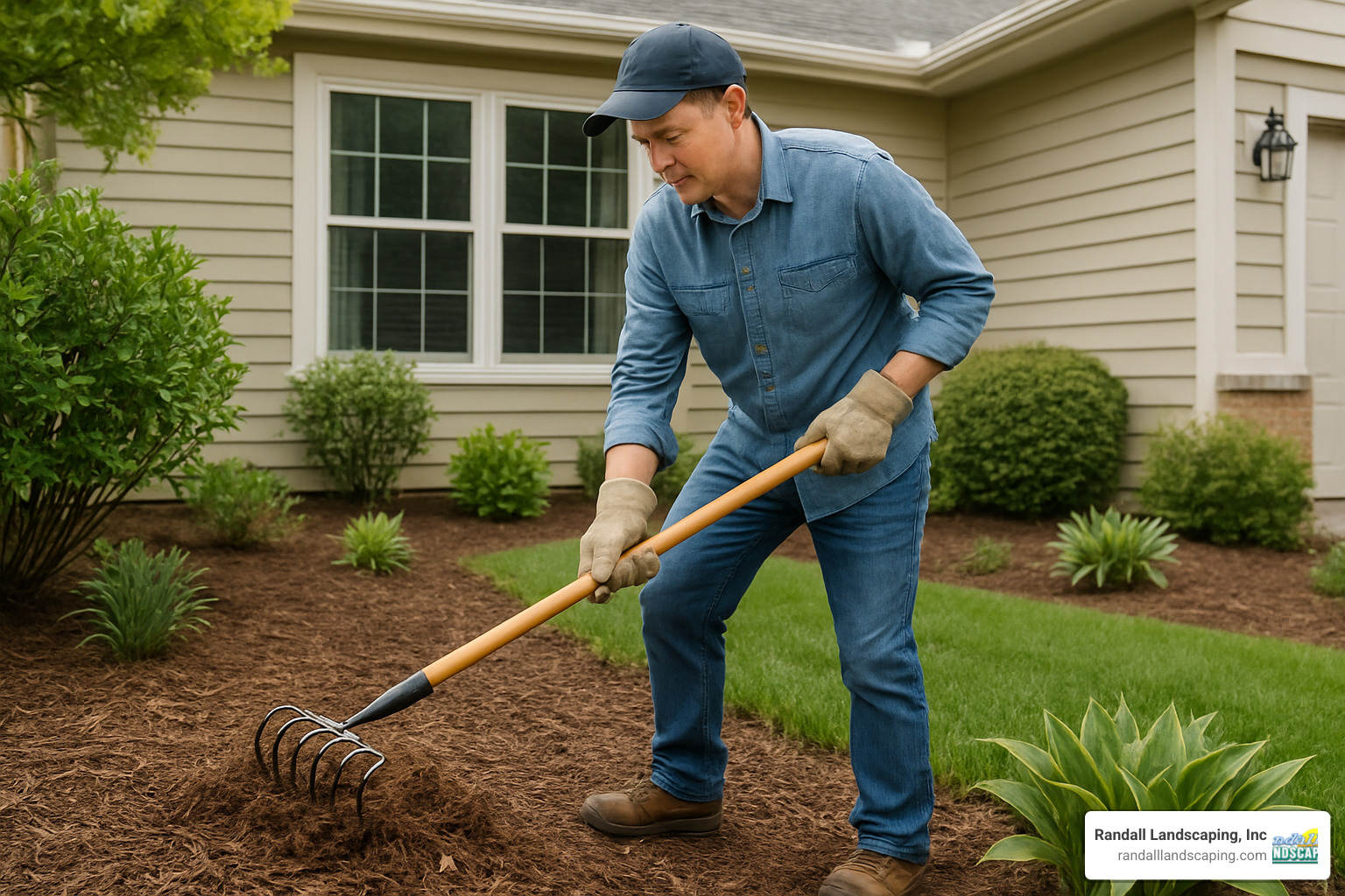 homeowner fluffing faded mulch in garden bed - Landscape mulch installation