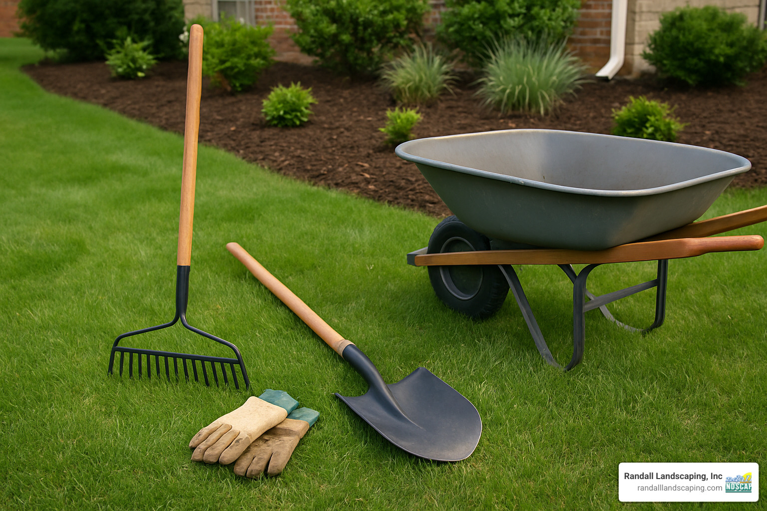 tools for mulch installation including rake, wheelbarrow, and gloves - Landscape mulch installation