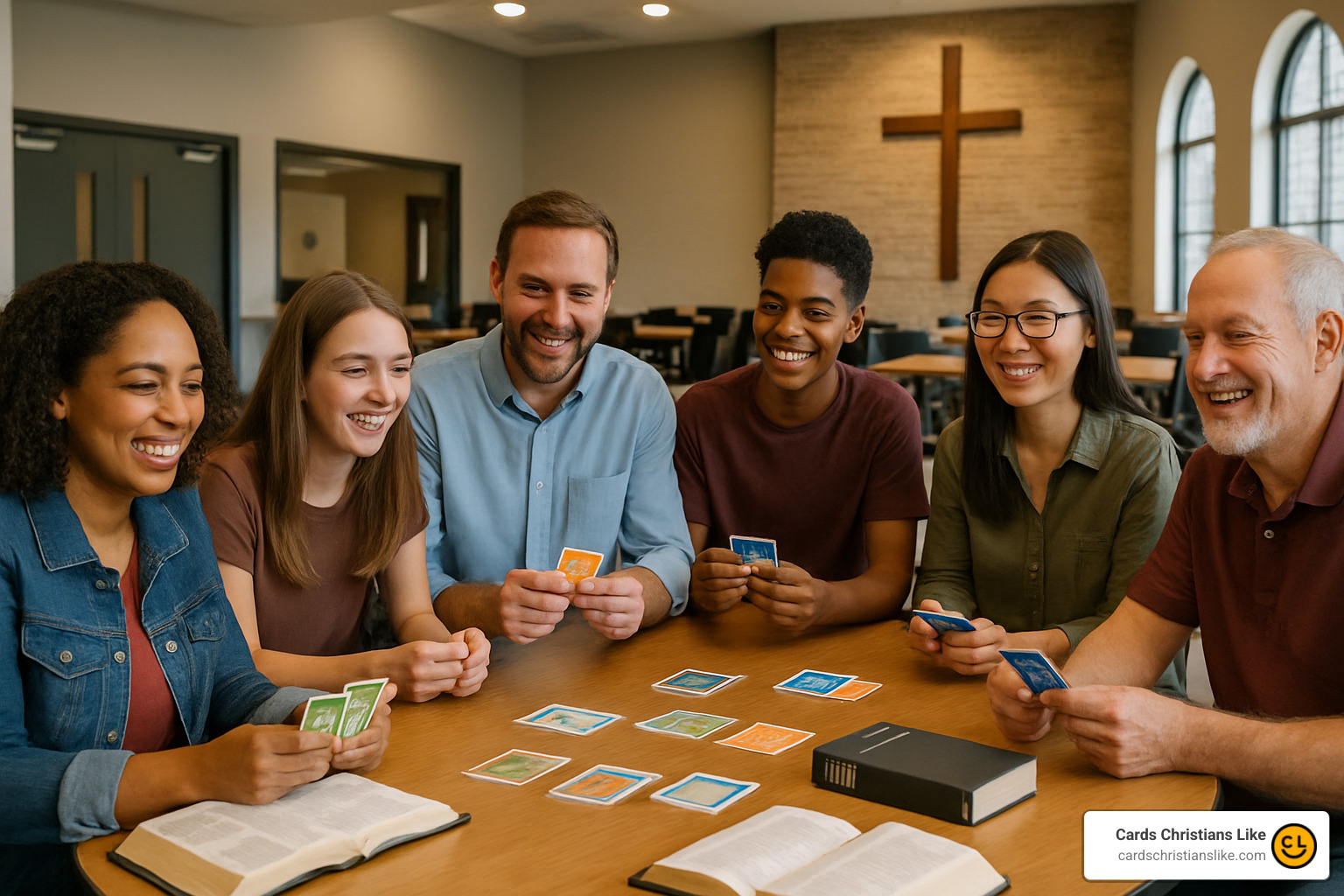 church small group playing bible card game - bible card game