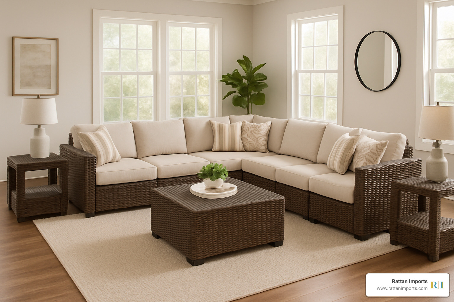 7-piece modular wicker sectional with neutral cushions - wicker living room furniture sets