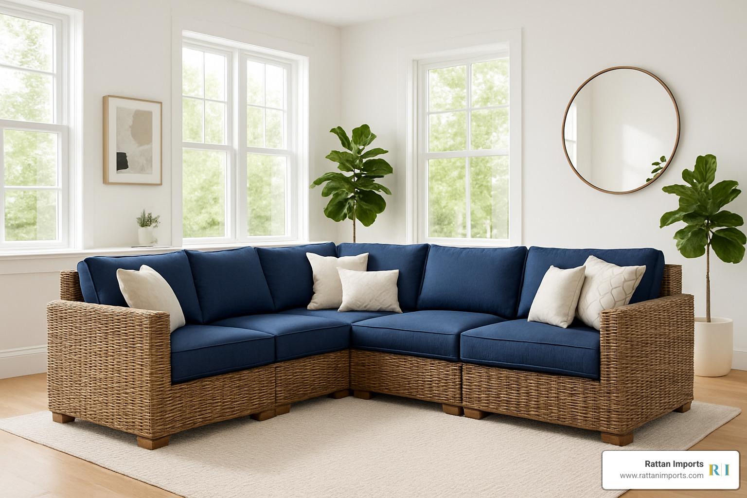 sectional wicker sofa with navy blue cushions - wicker living room furniture sets