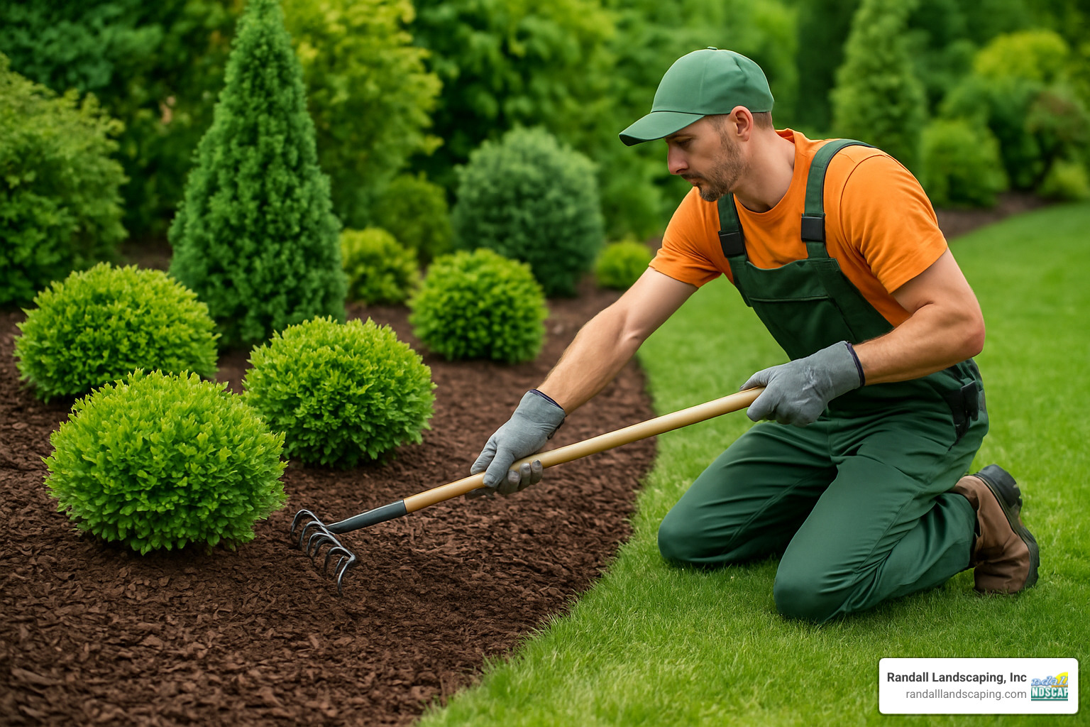 homeowner using online mulch calculator to measure garden beds - Landscape mulch installation